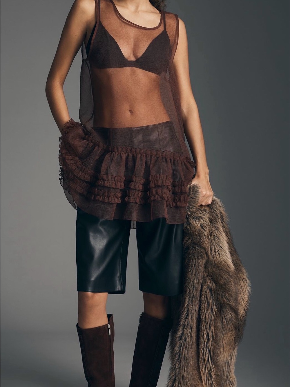 Brown sheer layered tunic Anthropologie